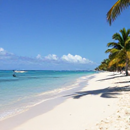 Caribbean Holidays, February Holidays, White sandy Caribbean beach in the Dominican Republic with clear water, palm trees and a small boat offshore