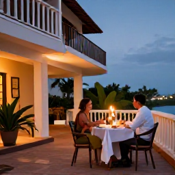 Caribbean Holidays, February Honeymoons, A couple enjoying a quiet dinner on a Cuban hotel terrace at dusk, with candles, tropical plants and warm evening light