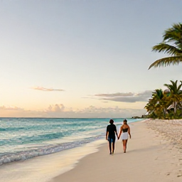 Caribbean Holidays, February Honeymoons, A couple walking hand in hand along a quiet white-sand beach in Turks and Caicos at sunset, calm turquoise sea and palm trees