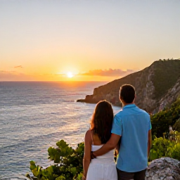 Caribbean Holidays, February Honeymoons, A happy honeymoon couple watching the sunset from a Puerto Rico viewpoint, with the Caribbean Sea and rugged coastline in the background