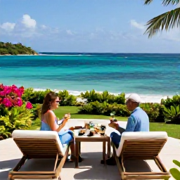 Caribbean Holidays, February Honeymoons, A luxury Caribbean resort terrace overlooking the sea in Antigua, elegant loungers, tropical gardens and a couple enjoying breakfast
