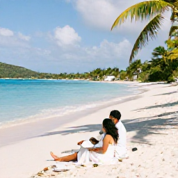 Caribbean Holidays, February Honeymoons, A newly married couple relaxing on a quiet white-sand beach in the British Virgin Islands, turquoise water, palm trees and warm February sunshine
