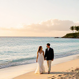 Caribbean Holidays, February Honeymoons, A newlywed couple walking hand in hand along a quiet Caribbean beach in Saint Martin at sunset, soft golden light, clear turquoise water