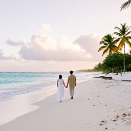 Caribbean Holidays, February Honeymoons, A newlywed couple walking hand in hand along a quiet white sand beach in Antigua at golden hour, turquoise sea and gentle palms