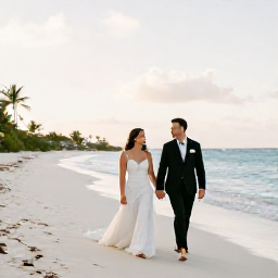 Caribbean Holidays, February Honeymoons, A newlywed couple walking hand in hand along a quiet white-sand beach in Saint Barth&eacute;lemy at golden hour