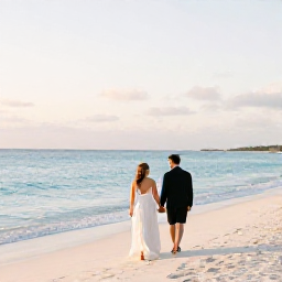 Caribbean Holidays, February Honeymoons, A newlywed couple walking hand in hand along a quiet white-sand beach in The Bahamas at sunrise, turquoise water and soft February light