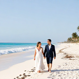 Caribbean Holidays, February Honeymoons, A newlywed couple walking hand in hand along a quiet white-sand beach in Varadero, Cuba, beneath bright February sunshine