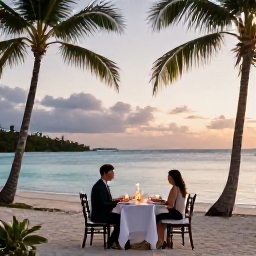 Caribbean Holidays, February Honeymoons, A romantic beachfront dinner for two at sunset, with candles, palm trees and calm turquoise water in the Grenadines