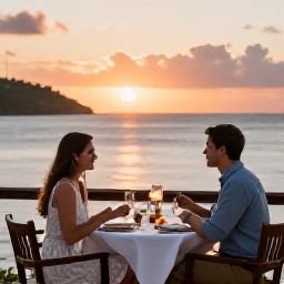 Caribbean Holidays, February Honeymoons, A romantic dinner for two at an open-air restaurant overlooking the Caribbean Sea in Antigua at sunset