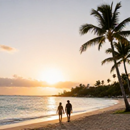 Caribbean Holidays, February Honeymoons, A romantic Puerto Rico beach at sunset in February, with calm turquoise water, palm trees and a couple walking along the shore