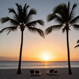 Caribbean Holidays, February Honeymoons, A romantic sunset over a calm Caribbean beach in Varadero, with palm trees, soft golden light and two sun loungers
