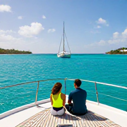 Caribbean Holidays, February Honeymoons, A sailing boat cruising past the coastline of Antigua in February sunshine, couple seated on deck with sparkling turquoise sea