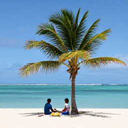 Caribbean Holidays, February Honeymoons, A secluded Antiguan beach with a couple sharing a picnic beneath a small palm tree, calm turquoise water and bright blue sky