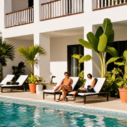 Caribbean Holidays, February Honeymoons, A stylish honeymoon couple relaxing beside a boutique hotel pool in San Juan, Puerto Rico, surrounded by tropical plants and February sunshine