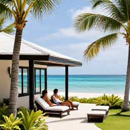 Caribbean Holidays, February Honeymoons, A stylish small Caribbean hotel surrounded by palms, with a couple relaxing on a private terrace overlooking the sea
