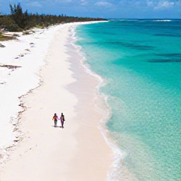 Caribbean Holidays, February Honeymoons, Aerial photograph of Grace Bay Beach in the Turks and Caicos Islands, with bright turquoise water, white sand and a couple walking beside the sea