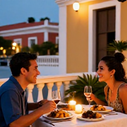 Caribbean Holidays, February Honeymoons, An intimate Puerto Rican dinner for two on a terrace in Old San Juan, with local dishes, candles and warm evening light