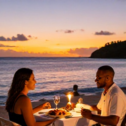 Caribbean Holidays, February Honeymoons, Candlelit dinner for two at a Guadeloupe seaside restaurant, local seafood and sunset over the Caribbean