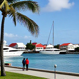Caribbean Holidays, February Honeymoons, Colourful Gustavia harbour in February with elegant yachts, palm trees and a couple exploring the waterfront