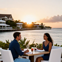Caribbean Holidays, February Honeymoons, Couple dining outdoors at a stylish waterfront restaurant in Grand Case, Saint Martin, at sunset