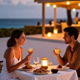 Caribbean Holidays, February Honeymoons, Couple enjoying a romantic outdoor dinner in Cura&ccedil;ao with local dishes, lanterns and a warm evening atmosphere