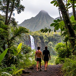 Caribbean Holidays, February Honeymoons, Couple exploring a lush Guadeloupe rainforest trail beside a waterfall, tropical foliage and volcanic mountains