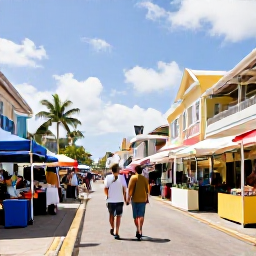 Caribbean Holidays, February Honeymoons, Couple exploring colourful streets and historic buildings in Marigot, Saint Martin, with market stalls and Caribbean sunshine