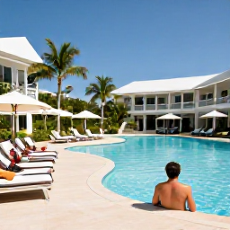 Caribbean Holidays, February Honeymoons, Couple relaxing beside a stylish Caribbean hotel pool on Saint Kitts, palm trees, sun loungers and clear blue sky