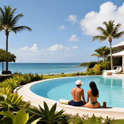 Caribbean Holidays, February Honeymoons, Couple relaxing beside a stylish Martinique hotel pool with tropical gardens and a view towards the sea