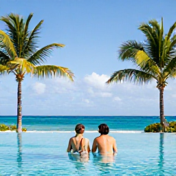 Caribbean Holidays, February Honeymoons, Couple relaxing beside an infinity pool at a luxury Dominican Republic resort, palm trees, bright blue sky and Caribbean sea