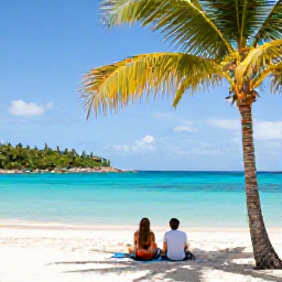 Caribbean Holidays, February Honeymoons, Couple relaxing on a quiet white-sand beach in the British Virgin Islands beneath swaying palms, clear turquoise water and bright February sunshine
