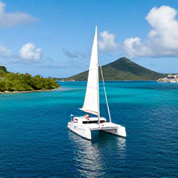 Caribbean Holidays, February Honeymoons, Couple sailing on a catamaran past green Caribbean islands and clear blue water near Saint Martin