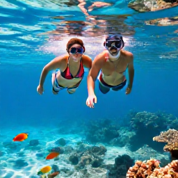 Caribbean Holidays, February Honeymoons, Couple snorkelling in clear turquoise water off Guadeloupe, colourful fish and coral visible beneath the surface