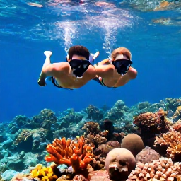 Caribbean Holidays, February Honeymoons, Couple snorkelling together above a colourful coral reef in clear Caribbean water near the British Virgin Islands