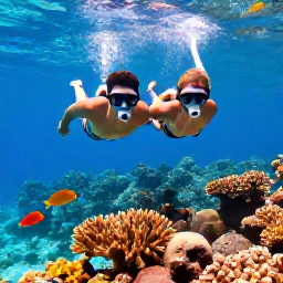 Caribbean Holidays, February Honeymoons, Couple snorkelling together above colourful coral and tropical fish in clear turquoise water near St John