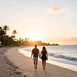 Caribbean Holidays, February Honeymoons, Couple walking hand in hand along a quiet Caribbean beach at sunrise on Saint Martin