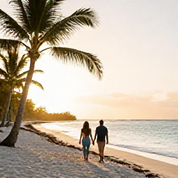 Caribbean Holidays, February Honeymoons, Couple walking hand in hand along a quiet Caribbean beach at sunset, warm golden light, palm trees and calm turquoise sea