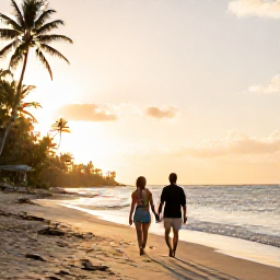 Caribbean Holidays, February Honeymoons, Couple walking hand in hand along a quiet Caribbean beach in Trinidad and Tobago at golden hour