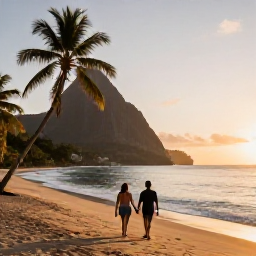 Caribbean Holidays, February Honeymoons, Couple walking hand in hand along a quiet golden beach in Saint Lucia at sunrise, palm trees and calm Caribbean Sea