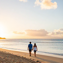 Caribbean Holidays, February Honeymoons, Couple walking hand in hand along a quiet golden beach on Saint Kitts at sunrise, calm Caribbean Sea and soft February light