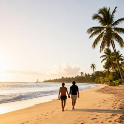 Caribbean Holidays, February Honeymoons, Couple walking hand in hand along a quiet golden beach on Saint Kitts at sunrise, Caribbean sea and palm trees