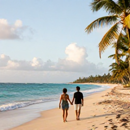 Caribbean Holidays, February Honeymoons, Couple walking hand in hand along a quiet Jamaican beach at sunrise, turquoise sea and palm trees