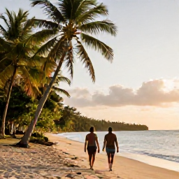 Caribbean Holidays, February Honeymoons, Couple walking hand in hand along a quiet palm-fringed beach in Trinidad and Tobago at golden hour
