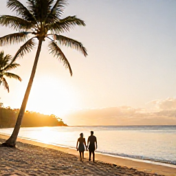 Caribbean Holidays, February Honeymoons, Couple walking hand in hand along a quiet Saint Lucia beach at sunrise, palm trees and calm Caribbean Sea