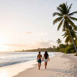 Caribbean Holidays, February Honeymoons, Couple walking hand in hand along a quiet white-sand beach in Guadeloupe at sunrise, tropical sea and palm trees