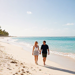 Caribbean Holidays, February Honeymoons, Couple walking hand in hand along a quiet white-sand beach in Punta Cana, Dominican Republic, warm February sunshine and turquoise sea