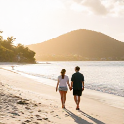 Caribbean Holidays, February Honeymoons, Couple walking hand in hand along a quiet white-sand beach in Saint Vincent and the Grenadines during golden morning light