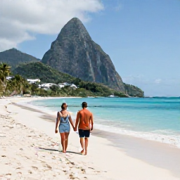 Caribbean Holidays, February Honeymoons, Couple walking hand in hand along a quiet white-sand beach in St Lucia?