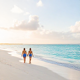 Caribbean Holidays, February Honeymoons, Couple walking hand in hand along a quiet white-sand beach in The Bahamas at sunrise, turquoise sea and soft February light