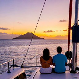 Caribbean Holidays, February Honeymoons, Couple watching a colourful Caribbean sunset from a catamaran near Saint Kitts, calm sea and distant volcanic island